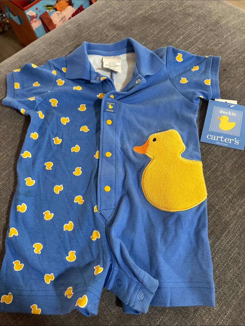 NWT VINTAGE Carter's Blue Romper with Yellow Duck Appliqué 3/6m